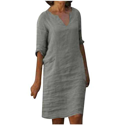 Zeiayuas Cotton Linen Dresses for Women V Neck Half Sleeve Midi Dress T Shirts Summer Knee Length Dress Beach Loose Solid Color Casual Dresses Mother of The Bride Outfits UK Size 8-18