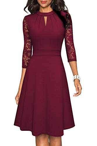 HOMEYEE Women's Elegant Hollow Out Lace Sleeve Swing Pleated Party Cocktail Dress A234