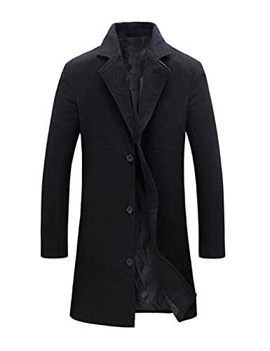 Tanming Mens Black Trench Coat Notched Lapel Single Breasted Long Peacoat Overcoat