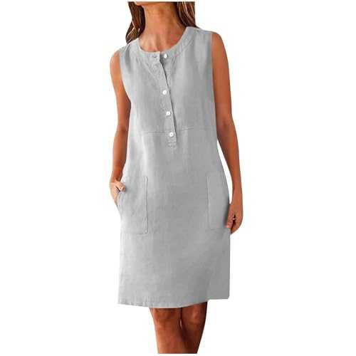 Uwdiohq Summer Dresses for Women Solid Classic Casual Linen Mini Summer Beach Sleeveless Sundresses Button Down Flowy Tank Dresses with Pockets Vacation 2025