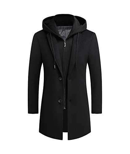 SOMTHRON Men's Wool Blend Trench Coat with Detachable Hooded Notch Lapel Single Breasted Jacket Overcoat Pea Coat