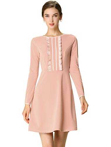 Allegra K Women's Work Office Ruffle Above Knee Long Sleeve Slim Fit Flare Aline Dress XS Pink