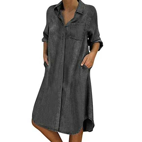 WLHBF Loose Women Dress Denim Dress Long Sleeve Pocket Casual Solid V Neck Button Women's Casual Dress Womens Petite Dresses Casual