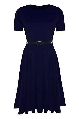 Fashion Star Womens Ladies Plain Cap Sleeves Belted Flared Franki Swing Midi Length Skater Dress Plus Size