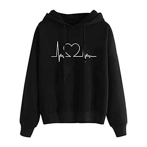 Mrat Ladies Long Sleeve Hoodies Love Heart Sweatshirt Drawstring Letter Graphic Print Pullover Hoody Jumpers Loose Solid Lovely Tees With Hood Pocket Casual Clothes