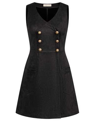 Belle Poque Women Pinafore Dress Vintage V Neck Double Breasted Overall Dress with Pockets