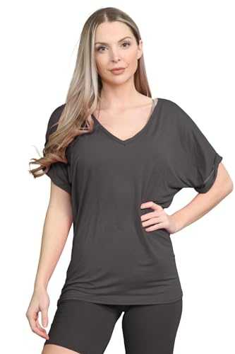 janisramone Womens Ladies New Printed Plain V Neck Turn Up Short Sleeve Oversize Loose Baggy Fit T-Shirt Top