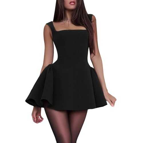 AOWVUTS Women's Sexy Mini Dress, Black, Square Neck, Backless, Sleeveless, High Waist, Bodycon, Club Dress