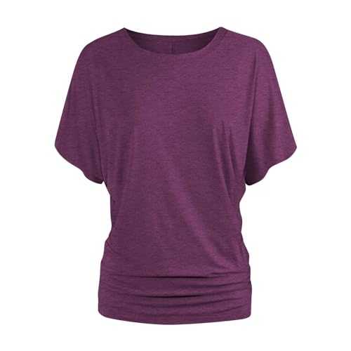 Women's Shirts 2024 Fall Trendy Round Neck Batwing Short Sleeve Dolman Drape Tops Solid Color Wahsed Top with Side Shirring Detail