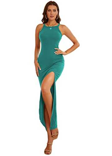 JLCNCUE Women Causal Bodycon Maxi Dress High Slit Dresses Scoop Neck Sleeveless Ribbed Knit Tank Dress 71997