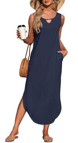 AUSELILY Summer Maxi Dresses for Women UK Sleeveless Halter Loose Beach Ladies Split Dresses with Pockets