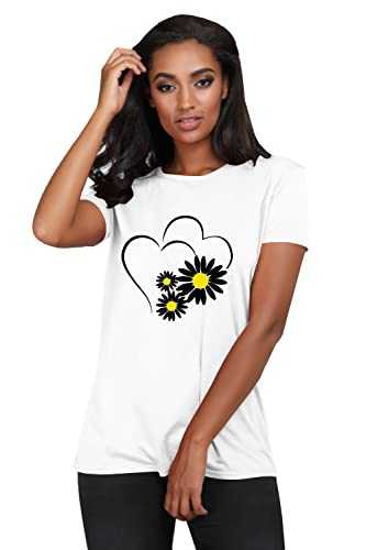 Fashion Star Womens Floral Twin Heart Printed Baggy Loose Ladies Short Sleeve Casual Basic T-Shirt Top White(Black Print) Plus Size (UK 16/18)