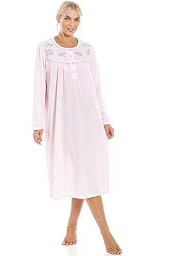 Camille Ladies Long Sleeved Nightdres - Smooth Womens Nightwear - Nightie with Embroidery & Piping Across The Chest and Neck Button Fastening