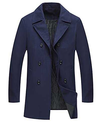 Men's Double-Breasted Wool Blend Peacoat Classic Notched Collar with Removable Bib