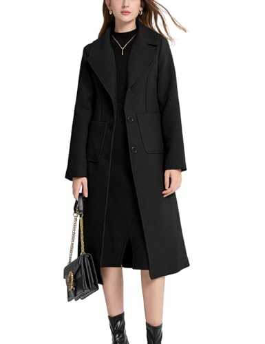 Sukany Women's Winter Casual Notch Lapel Wool Blend Coat Single Breasted Mid Long Pea Coat Jacket