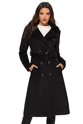 Escalier Women's Trench Coat Double Breasted Winter Wool Peacoat with Belts Black L