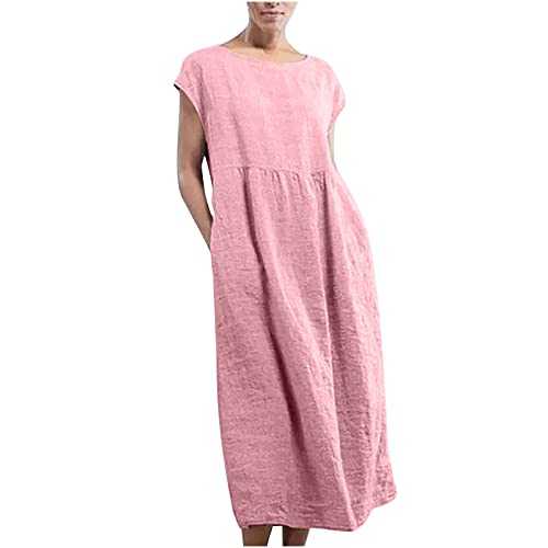 AMhomely Maxi Dresses for Women Casual Cotton Linen Dresses Plus Size Summer Baggy Shirt Dress Crewneck Sleeveless Tshirt Dress Loose Kaftan Long Dress Holiday Dress Party Beach Sundress