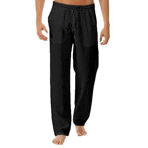 Mens Cotton Linen Trousers Tracksuit Bottoms Open Hem Lightweight Quick Dry Sweatpants Drawstring Lounge Pants Straight Legs Beach Yoga Pants Jogging Sweatpants