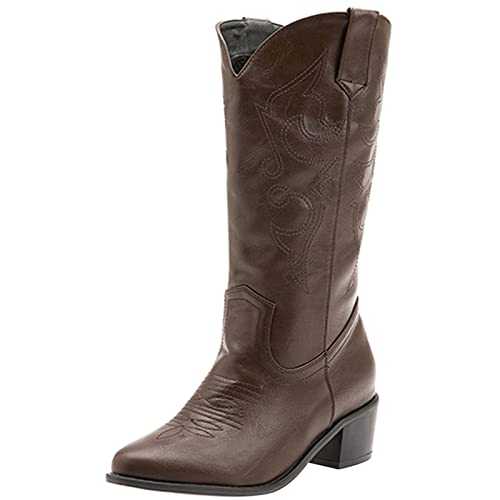 MJIASIAWA Women Winter Mid Calf Cowboy Western Embroidered Slip On Boots