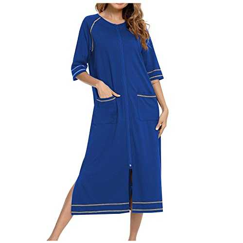 RLEHJN Night Dress Women UK Sale Clearance Nightshirt Stripe Sleep Dress Zip up Crew Neck Nighties Comfy Casual Sleepwear Baggy Long Nightgown Pajamas Summer Loungwear with Pokets