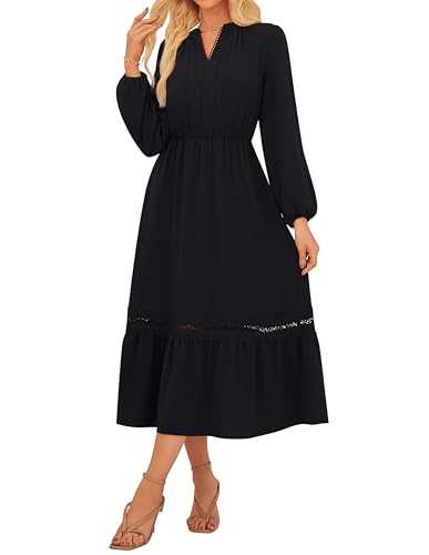 GRACE KARIN Women's Elegant Swing A line Dress Lantern Sleeves V-Neck Lace Midi Dress with Pockets Retro Country Style