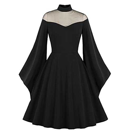 Wellwits Women's Mesh Bell Sleeves Halloween Gothic Vintage Dress