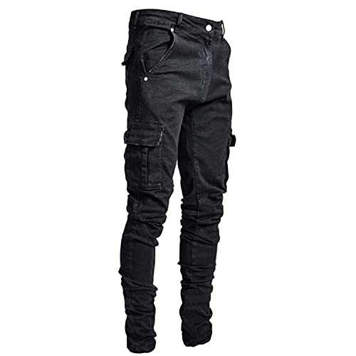 Mens Slim Fit Pockets Stretch Skinny Pants Cotton Cargo Pant Buttons Denim Trousers Fashion Casual Straight-Leg Jeans