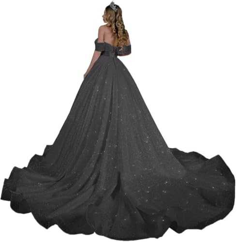 Yifanier Sparkly Tulle Wedding Dresses for Bride Off Shoulder Prom Dresses with Train A-line Formal Evening Gowns for Women