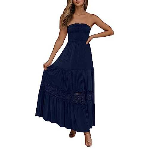 Maxi Dresses for Women UK Boho Strapless Long Summer Beach Sundress Trendy Off Shoulder Smocked Lace Trim Elegant Party Womens Dresses Backless A-Line Flowy Swing Boho Dress