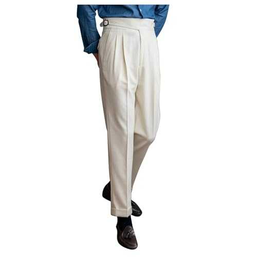 Foweknow Gurkha Trousers Men's High Waist Straight Herringbone Pattern Suit Trousers Vintage Italian Naples Trousers Without Belt Slim Fit Business Trousers Regular Fit Casual Trousers Fabric