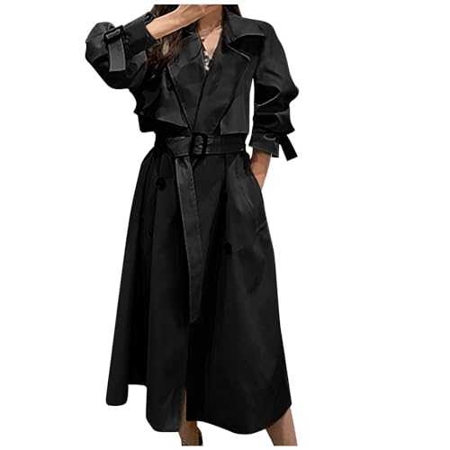 Womens Trench Coat Double Breasted Long Sleeve Windproof Oversized Lapel Outerwear with Belt Ladies Lightweight Fall Windbreaker Windproof Jackets Elegant Winter Overcoat Work Pea Coats with Pockets