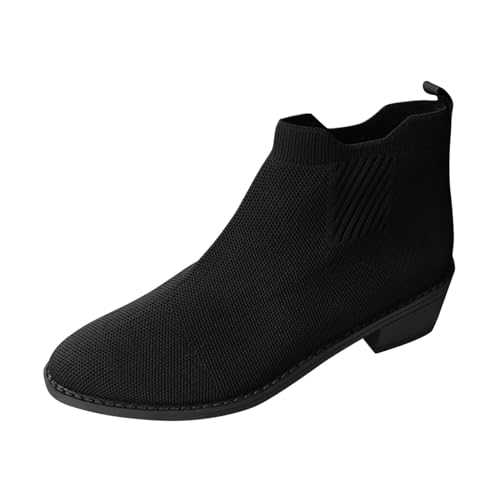 KOUZHAOA Suede Boots,Ladies Fashion Solid Color Breathable Knitted Mesh Pointed Thick Heel Short Ankle Boots Flat Boots Metallic Cowboy Boots
