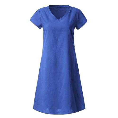 Spring/Summer Cotton Linen Dress Plus Size Fashion Solid Color Dresses Casual V Neck Short Sleeve Sundress Loose Fit Beach Wear Bodycon Dress Elegant Swing Hem Going Out Dresses for Daily