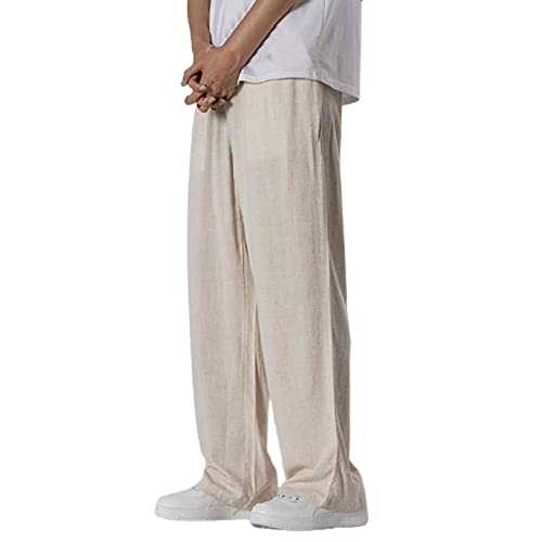 Mymyguoe Jogging Bottoms for Men, Linen Trousers, Casual Beach Trousers, Plain Beach Trousers for Home and Leisure, Comfortable Pyjama Bottoms, Long Cotton Pyjama Bottoms