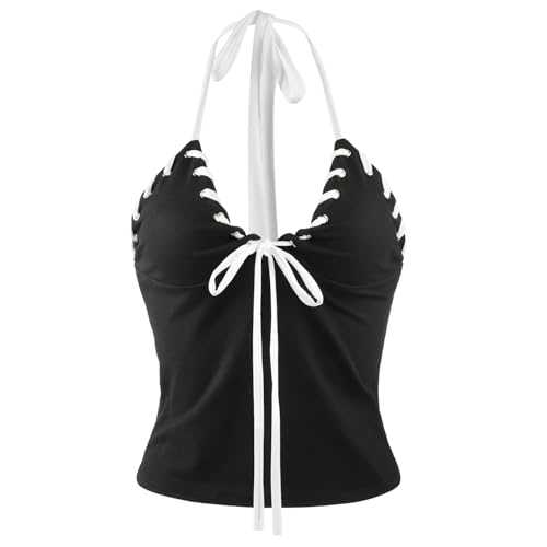 Womens Glitter Sequin Halter Crop Tops Sexy Low-cut Sleeveless Backless Sparkly Chain Cami Top Tank Night Club Glitter Vest Top Harness Body Chain Casual Beach Clubwear Rave Music Festival Outfit Top