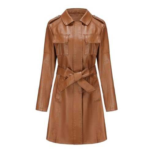 QLXYYFC Comfortable Soft Warm Women's Leather Jacket Classic Long Windbreaker Autumn Winter Coat with Loose Belt Zipper Cuffs