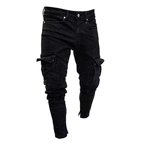 ARTRAY Men's Distressed Biker Skinny Jeans Man's Ripped Stretch Slim Fit Denim Pants with Multi-Pockets Classic Designer Sports Cargo Trousers Hiking Climbing Shorts Camping Fishing Hiking