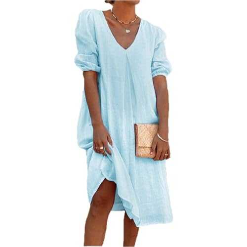 Women's Summer Dress V Neck Boho Midi Dresses Puff Short Sleeve Beach Dress Bohemian Pleated Dress Ladies Flowy Holiday Swing Loose Fit Dresses Cotton Linen Casual Dress for Party Evening
