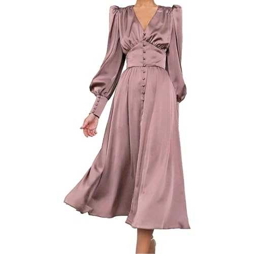 AMDOLE Prom Dress for Women Formal Women's Solid Color High Neck Satin Long Sleeved Elegant Slim Fit Dress Flattering Wedding Guest Dress