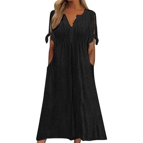HOOUDO Womens Summer Dresses Loose Fit Holiday Bohemian Dresses Cap Sleeve Crew Neck Summer Dresses Skater Plain Midi Dresses Longline Shirt Dresses