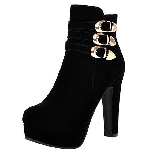 Diuniarza Women High Heel Ankle Boots Block Heel Dress Booties Zip Round Toe Elegant Booties with Platform, Size 1-7.5