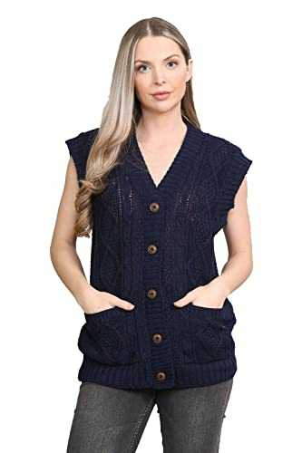 WearAll Womens Sleeveless Cable Knitted Grandad Cardigan Ladies 5 Button Casual Winter Sweater Waistcoat Top Plus Size 8-22