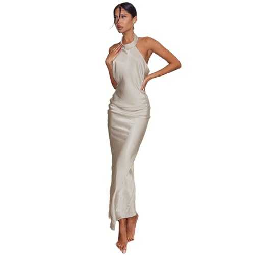 AOWVUTS Backless Maxi Dresses for Women Satin Halter Neck Sexy Long Dresses Solid Color Sleeveless Evening Gown Ball Prom Wedding
