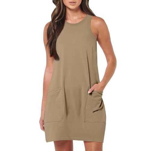 Skang Summer Dresses for Women UK Casual Loose Dresses Tunic Dress with Pockets Midi Dresses Solid Color Sleeveless Fashion Ladies U Neck Dress Women's Sundress Vacation Daily Party Dresses