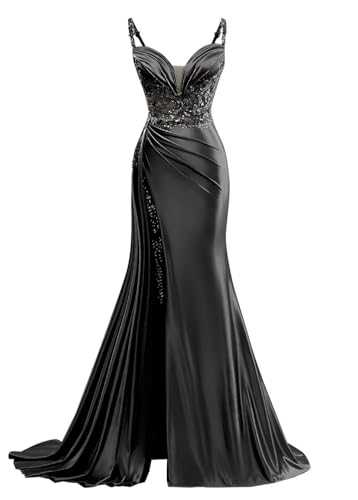 V Neck Satin Prom Dresses Long 2024 Mermaid Evening Gown with Slit Pleated Formal Dress with Tail