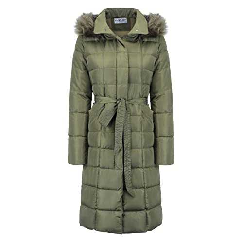 YUNCLOS Womens Long Quilted Puffer Padded Jacket Coat Faux Fur Hooded Coat With Belt Winter Thickened Windproof Outerwear