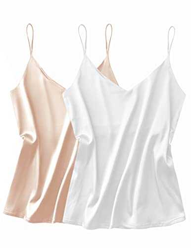 Ekouaer 2pcs Satin Camisoles for Women V Neck Silk Tank Tops Adjustable Strap Sleeveless Cami Vest Top Basic Tank, S-XXL