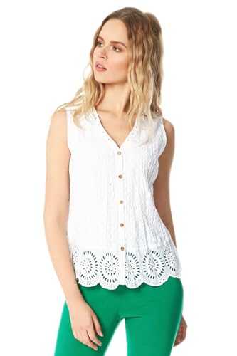 Roman Originals Crinkle Top for Women UK Ladies Embroidered Blouse 100% Cotton Lace Eyelet Shirt Cami Tunic Vest Sleeveless Short Sleeve Casual Notch Neck Broderie Anglaise