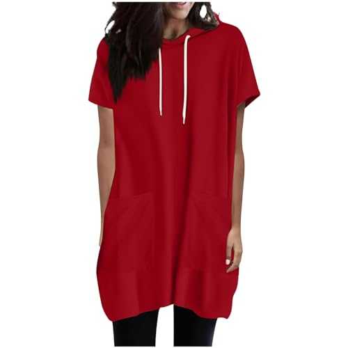 Womens T Shirts Plain Short Sleeve Long Hooded Tops Summer Casual Drawstring Hoodie Basic T-Shirt with Hood Solid Color Comfortable Blouse Loose Fit Classic Tops with Pockets