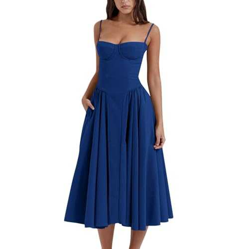 midelxp Womens Corset Dress Elegant Spaghetti Strap Bustier Midi Dress Flowy Pleated Hem Low Cut Prom Dresses with Pockets